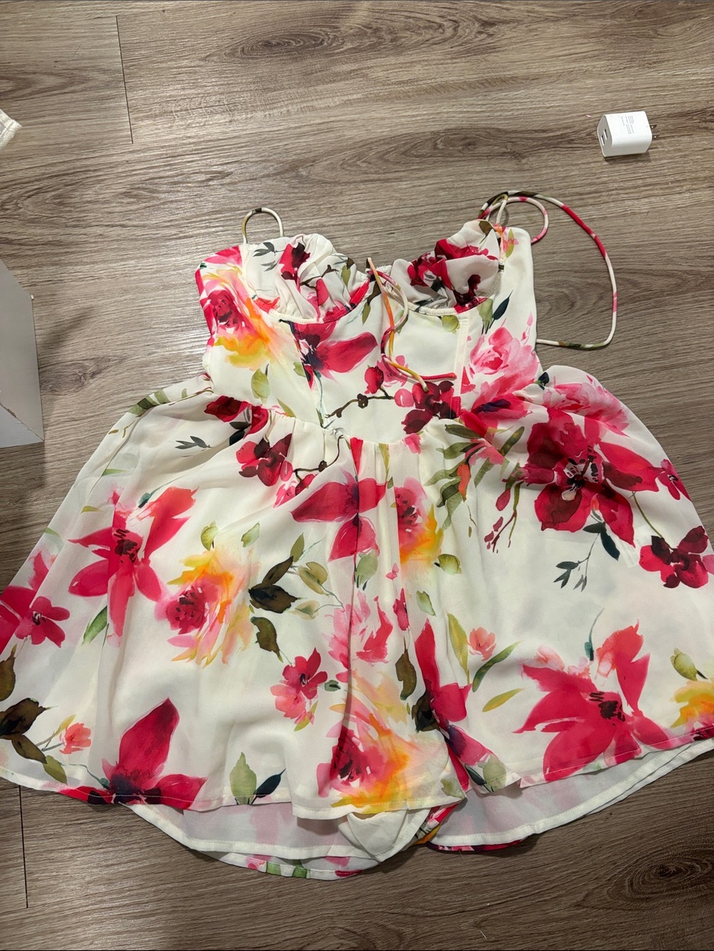 White Floral Sundress Romper with Pink & Red Blooms